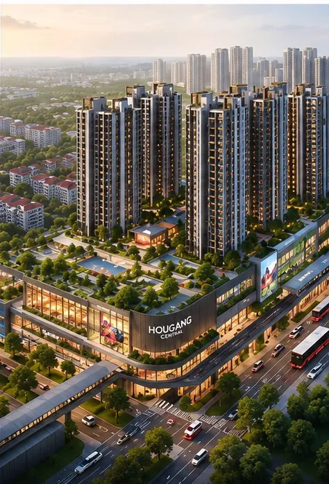 AI concept aerial view of the Hougang Central Residences integrated precinct and surrounding Hougang neighbourhood
