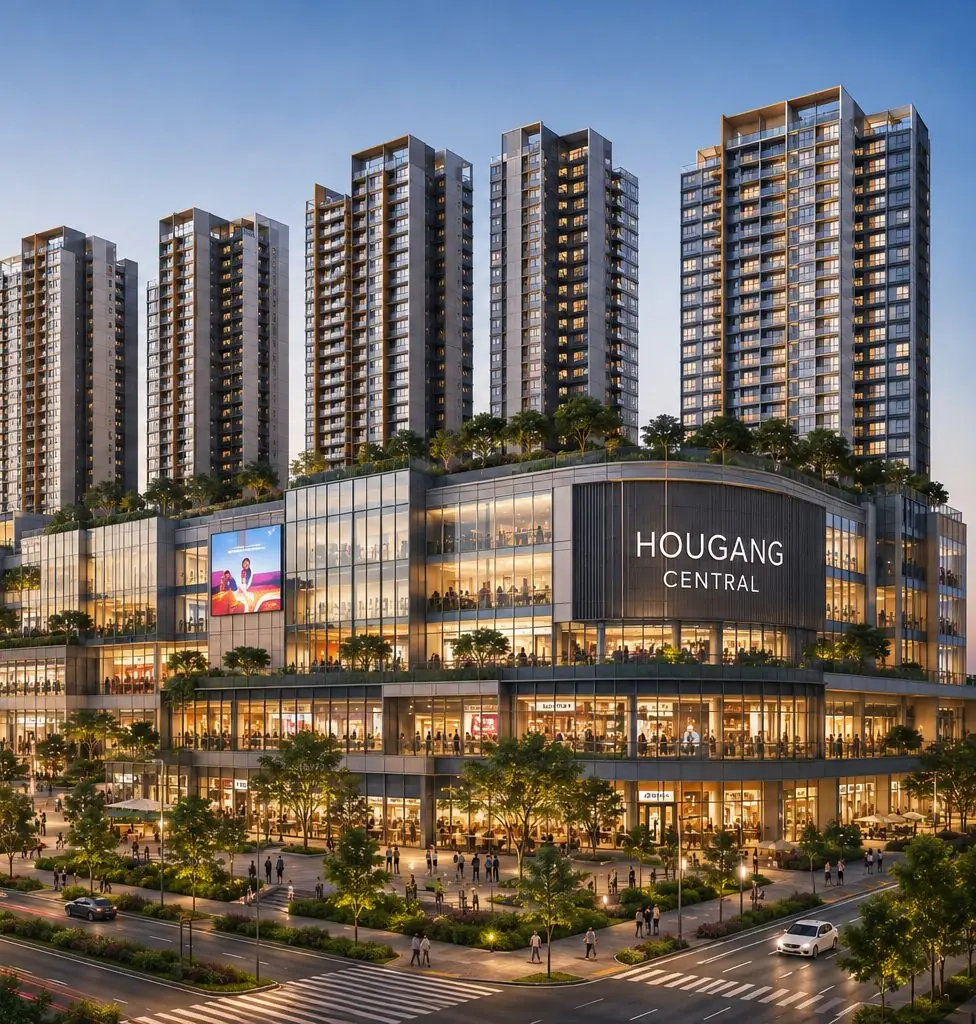 AI concept render of the Hougang Central Residences integrated development above Hougang MRT at dusk