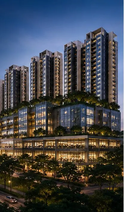 AI concept render of Hougang Central Residences illuminated at night above the MRT station