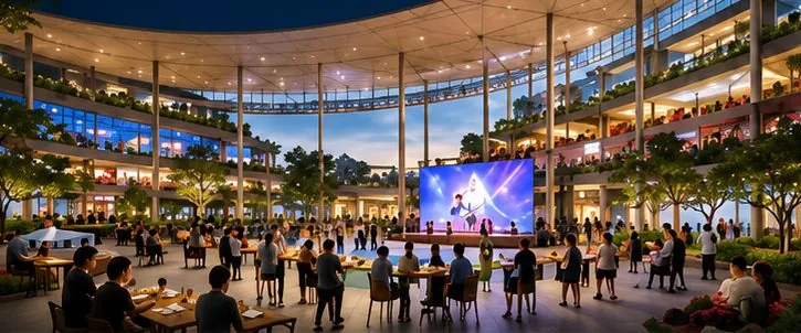 AI concept render of the sheltered public event plaza at the base of Hougang Central Residences